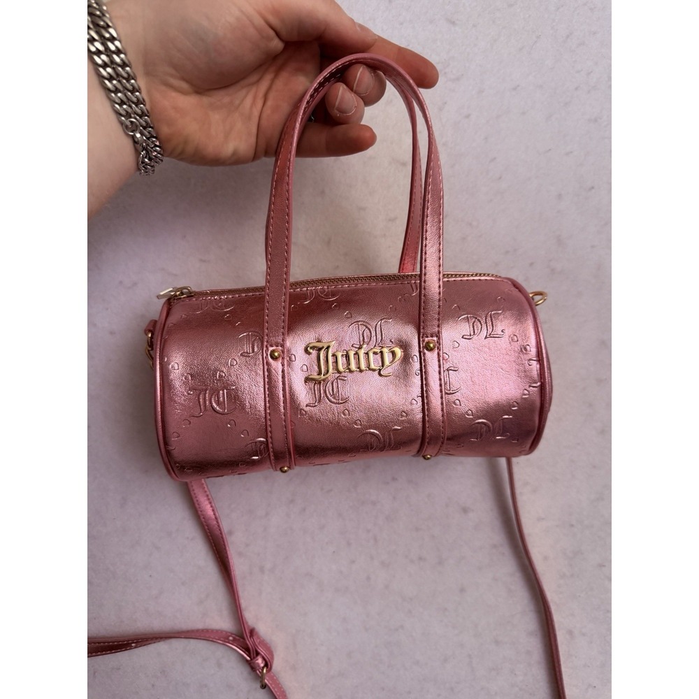 Juicy Couture Rosie Mini Barrel Pink Gold Metallic Crossbody Bag Monogram Y2K